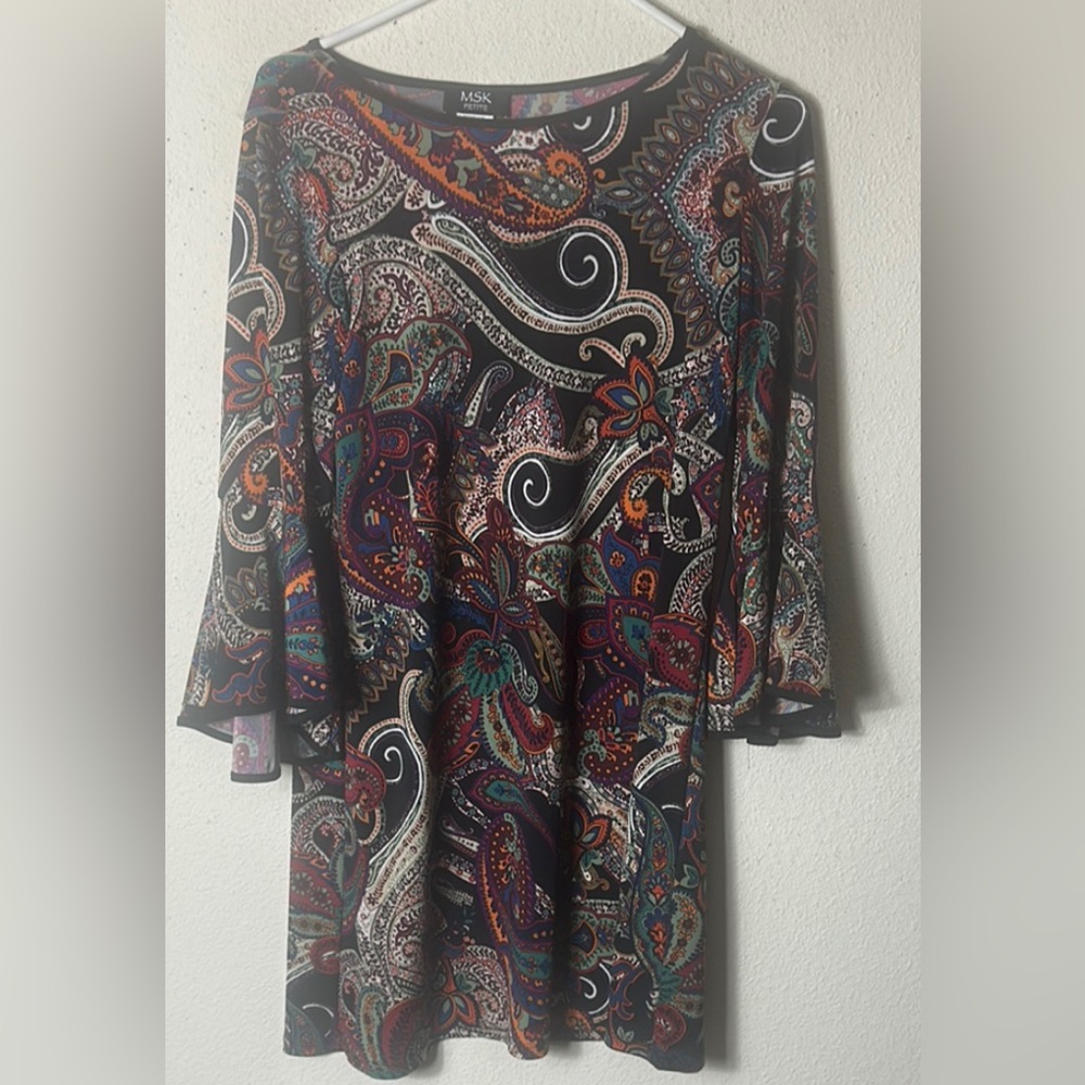 MSK Paisley Print 3/4 Sleeve Sheath Dress Boho Style Petite Multicolor PM